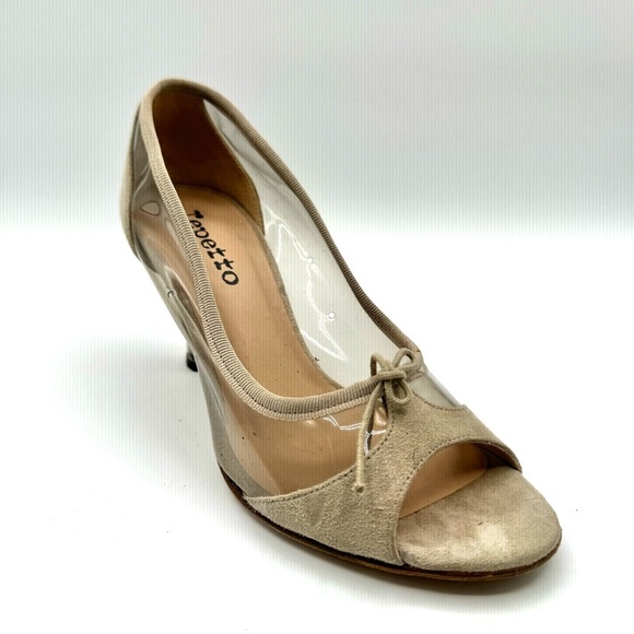 REPETTTO CLEAR SUEDE HEEL SHOE TAN NEUTRAL OPEN TOE  HEELS MADE IN PARIS 37.5 - Picture 9 of 12